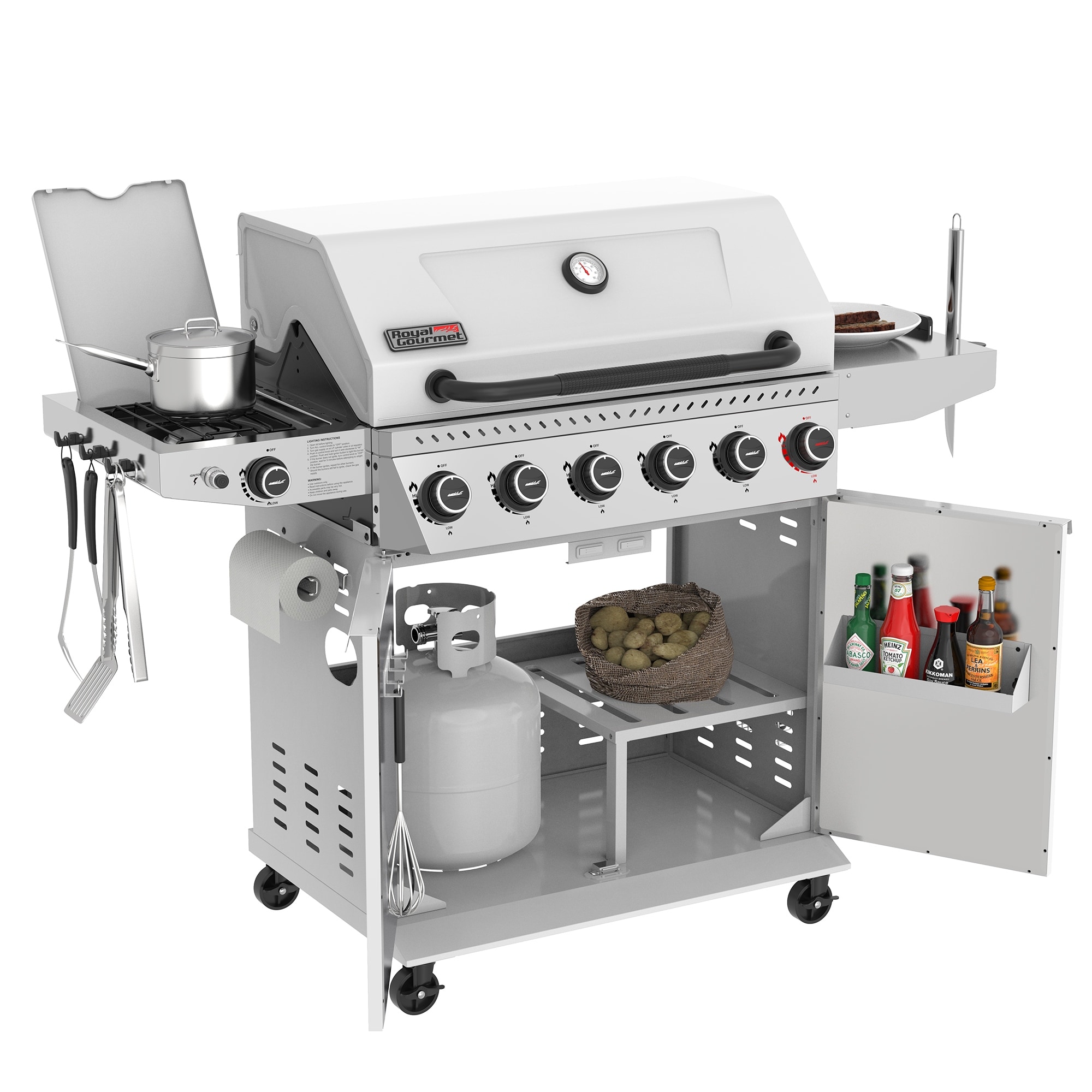 Royal Gourmet GA6406W 6-Burner Cabinet Style Gas Grill with Sear Burner & Side Burner, Stainless Steel Foldable Side Shelf