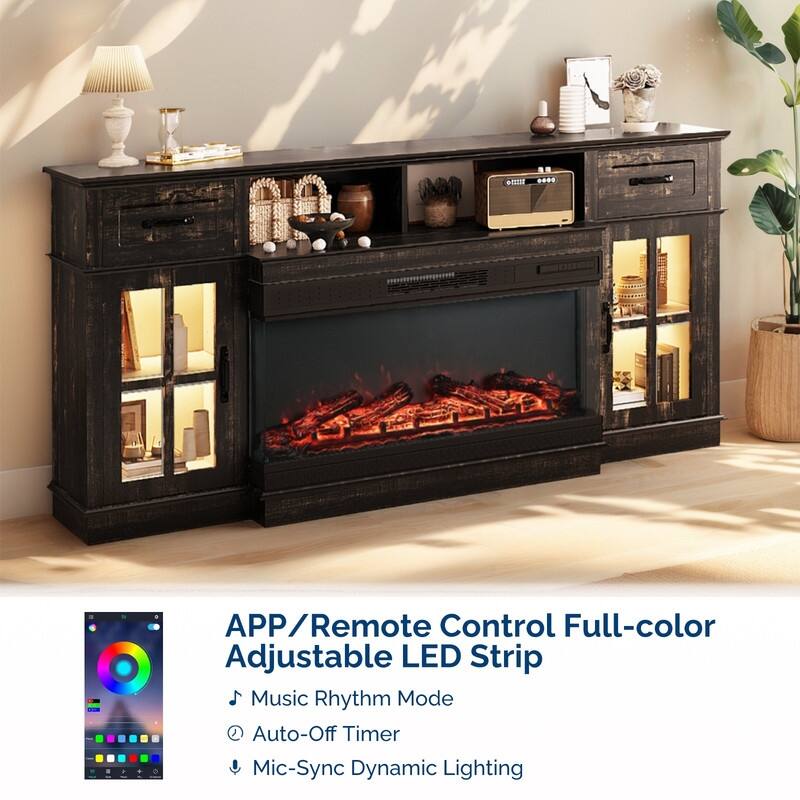 Farmhouse 70'' TV Stand For Tvs Up To 80'' With Electric Fireplace and Adjustable Shelves