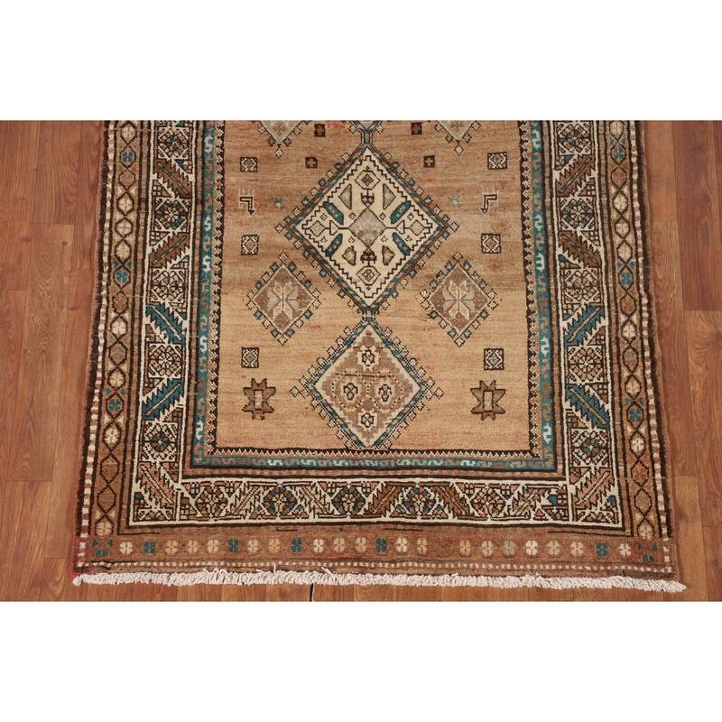 Geometric Heriz Persian Vintage Runner Rug Handmade Wool Carpet - 3'9"x 13'1"