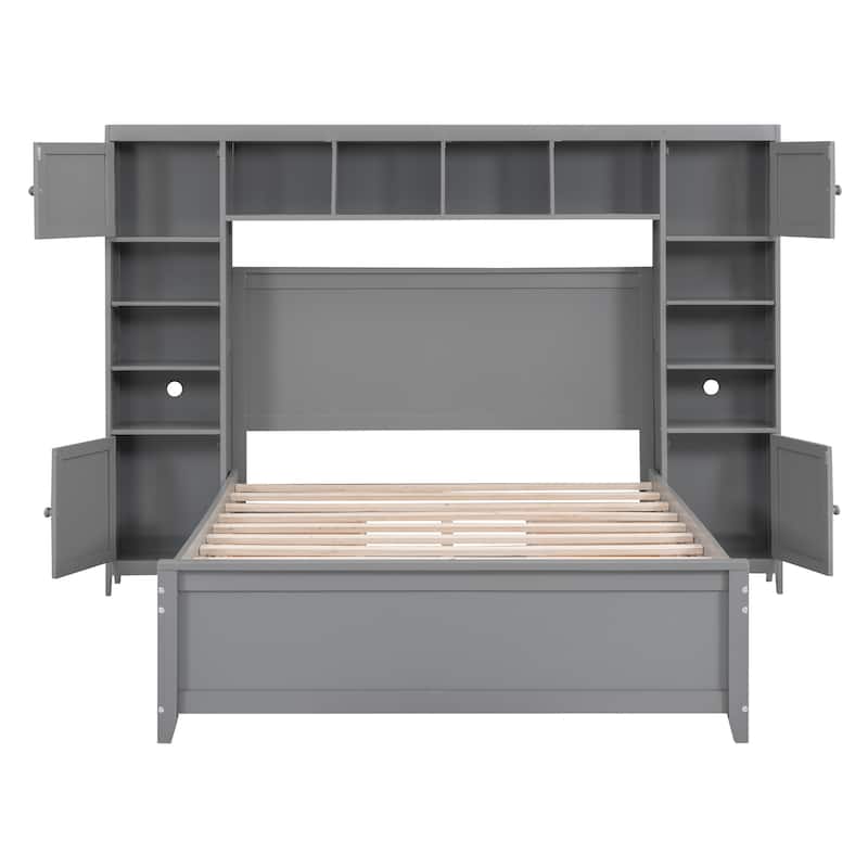 Full Wooden Platform Bed with Cabinet, Shelves, and Drawers