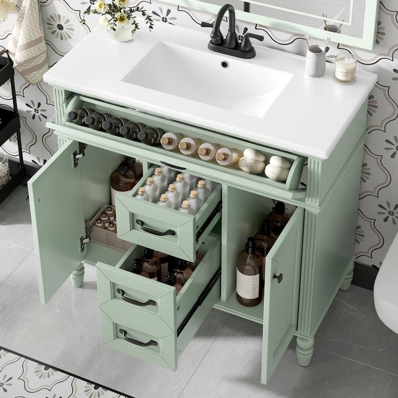 GDF Studio - Sunny Modern Solid Wood + MDF 36-Inch Bathroom Vanity with Ceramic Sink and Flip-Out Drawer - Green