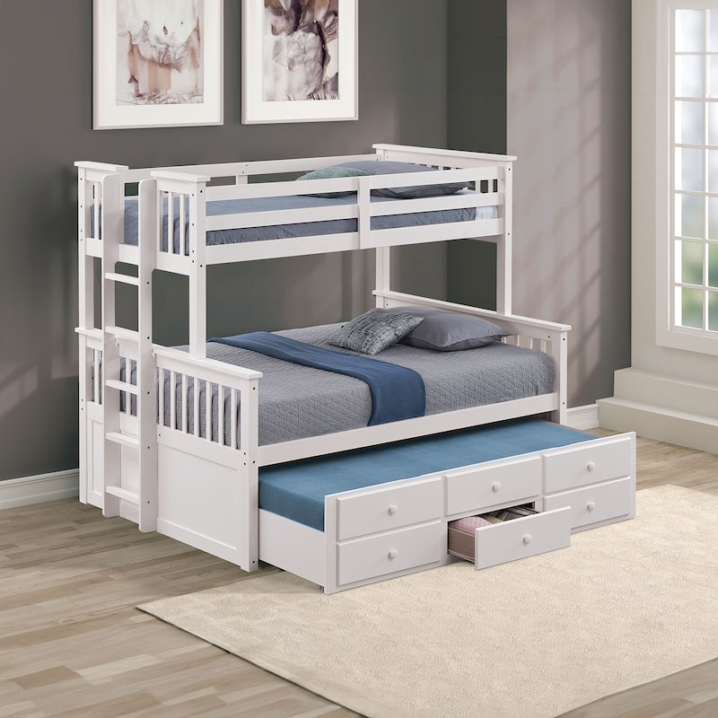 Twin Over Full Bunk Bed with Ladder & Underbed Drawers, White - White