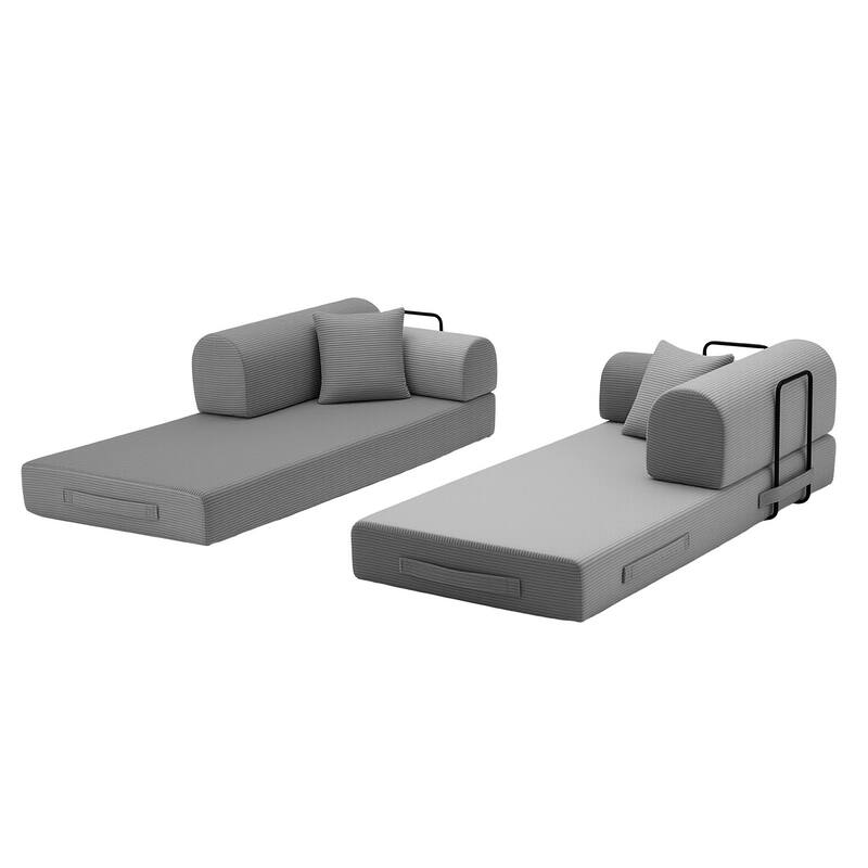 Convertible Sleeper Sofa Bed with Cylindrical Pillow, Corduroy Folding Mattress Couch with Fixed-Shape Frame for Bedroom