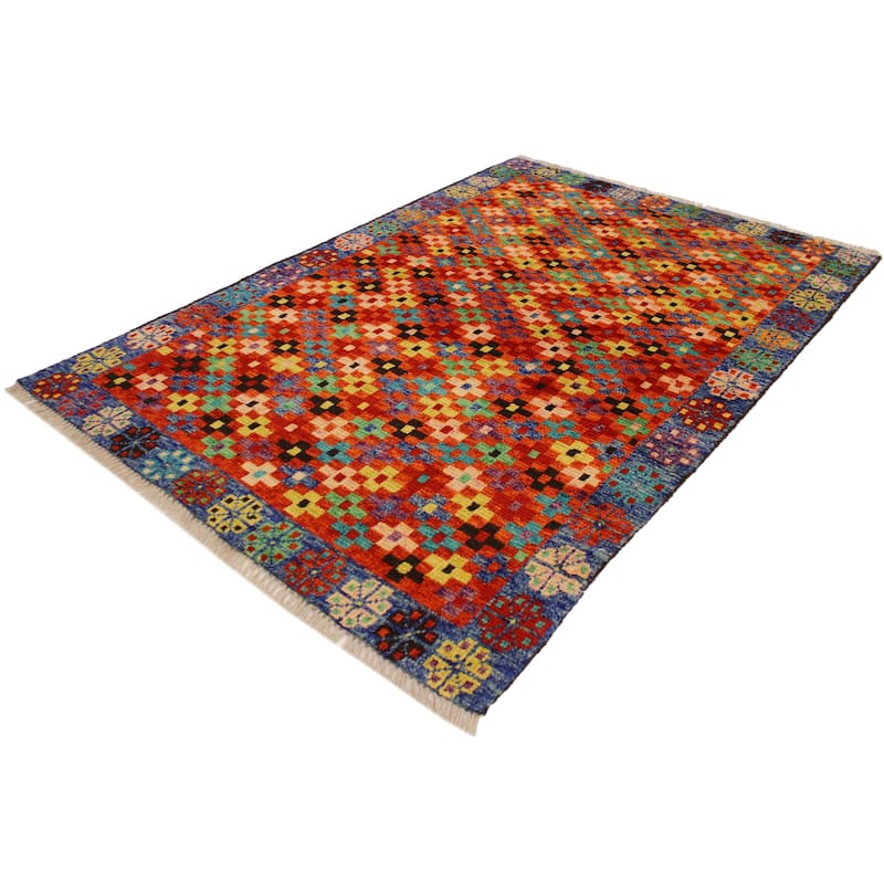Tribal Balochi Zavala Orange/Blue Hand Knotted Wool Rug - 3'4'' x 4'11''