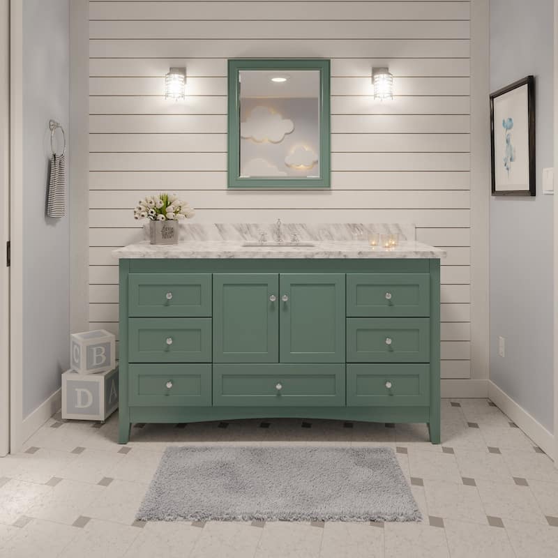 KitchenBathCollection Abbey 60" Single Bathroom Vanity with Carrara Marble Top - Sage Green