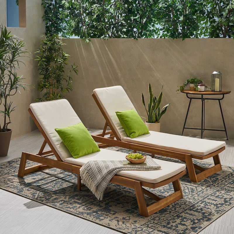 Maki Outdoor Acacia Wood Chaise Lounge Set (Set of 2) by Christopher Knight Home - Teak Finish with Cream