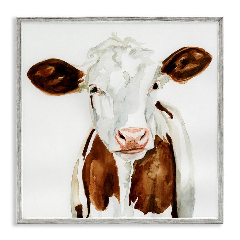 Stupell Farm Cow Portrait Neutral Watercolor Brown Tan Framed Wall Art, 12x12 - 12 x 12 - Grey