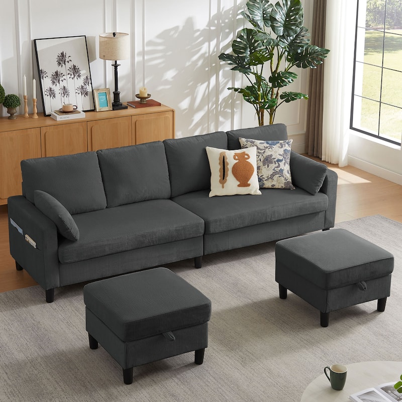 101'' Corduroy Upholstered Sectional Sofa With Storage Ottoman