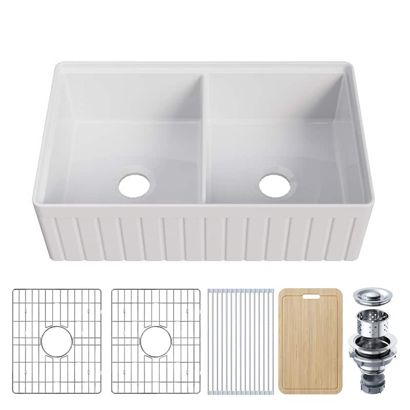 HOROW 33 in. Farmhouse/Apron-Front 50/50 Double Bowl White Fireclay Kitchen Sink with Workstation,Cutting Board,Grid, Strainer