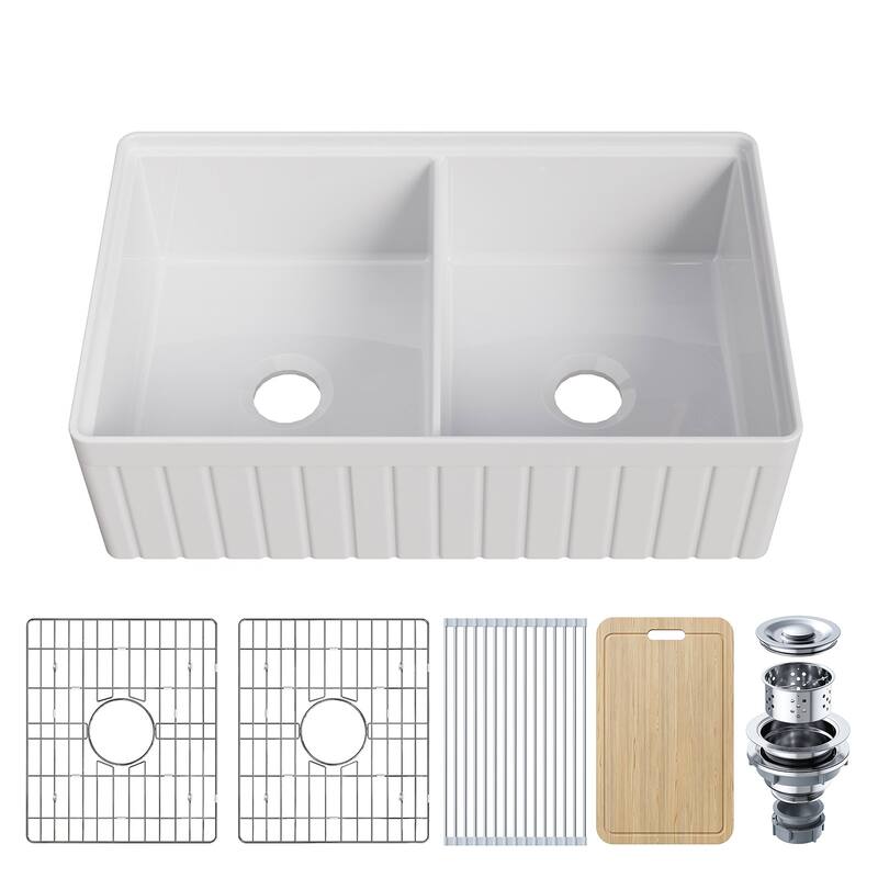 HOROW 33 in. Farmhouse/Apron-Front 50/50 Double Bowl White Fireclay Kitchen Sink with Workstation,Cutting Board,Grid, Strainer