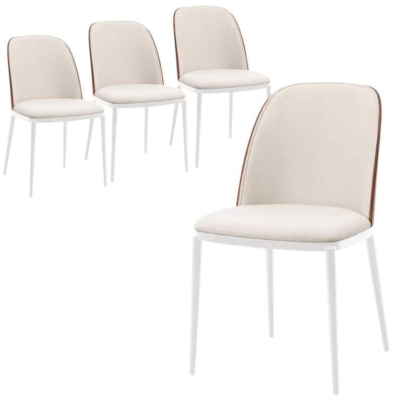 LeisureMod Tule Dining Chair with Upholstered Seat and White Steel Frame, Set of 4 - Walnut/Beige