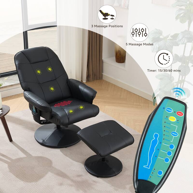 Massage Recliner Chair with Ottoman, 360° Swivel PU Leather Reclining Chair with Wrapped Base, 5 Point Vibration Massag - Black