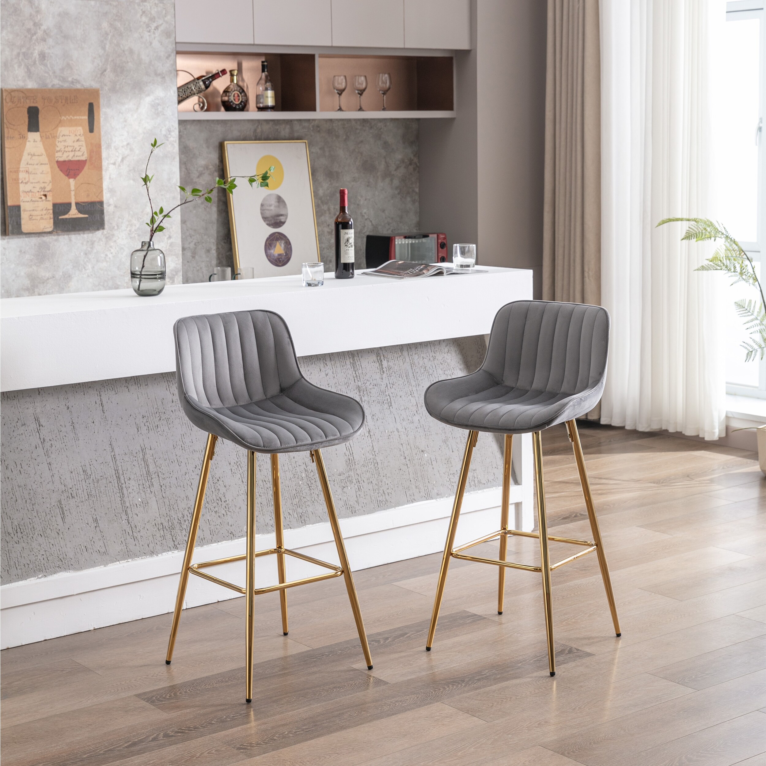 2 Piece Bar Stool Set with Chrome Footstool Gray Velvet Fabric Bar Stool Counter Chair Gold Legs Simple Tall Bar Stool