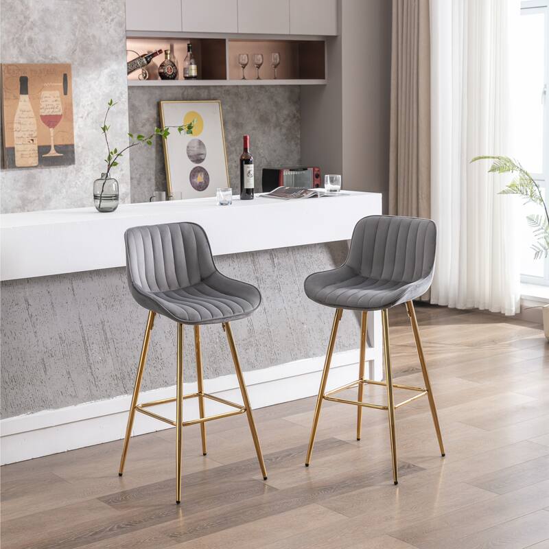 Set of 2 30" High Bar Stools, Gray Velvet Fabric with Chrome Footrest & Gold Legs