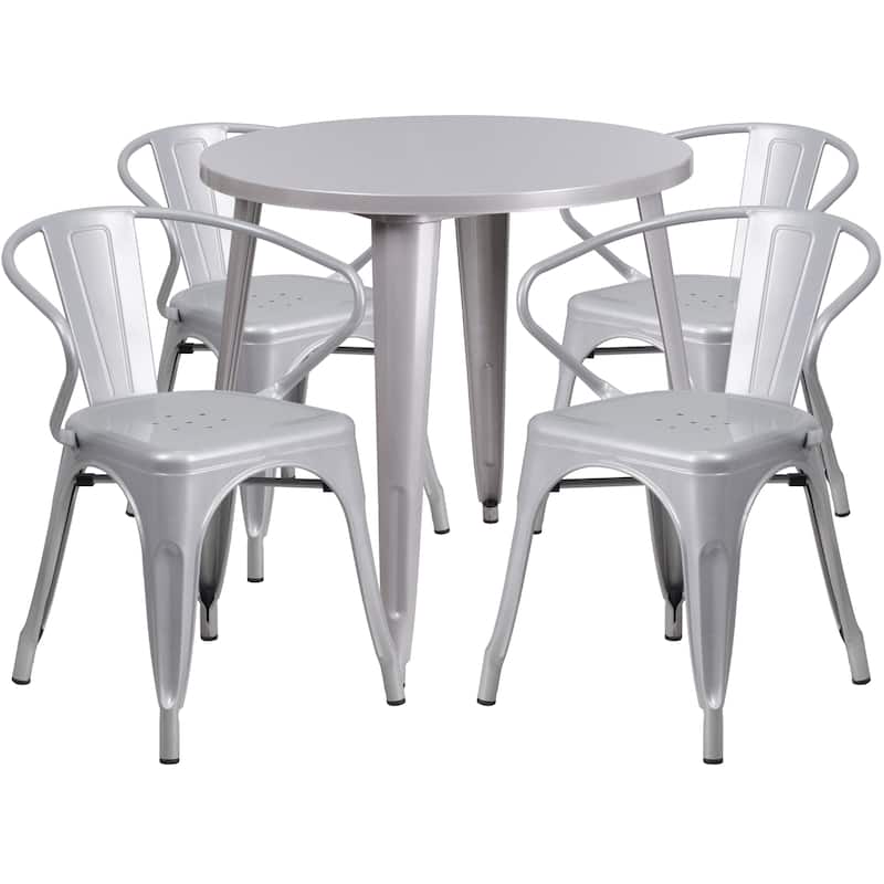 30'' Round Metal Indoor-Outdoor Table Set with 4 Arm Chairs