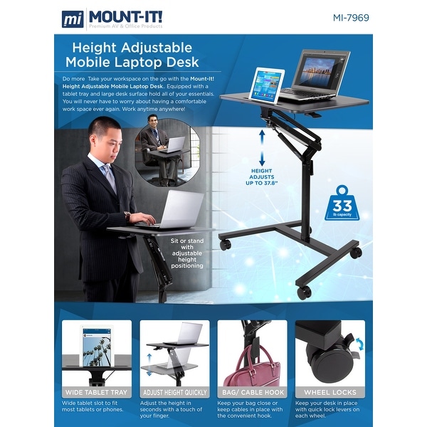 Mount It Mobile Standing Laptop Desk with Wheels with Gas Spring