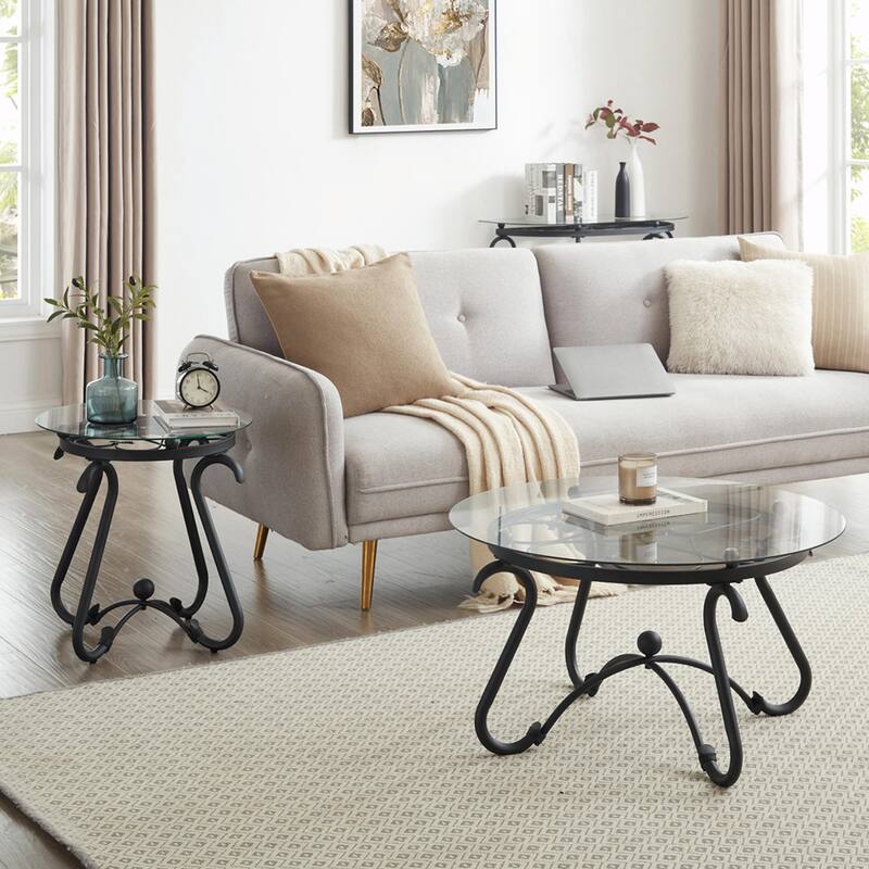 2-Piece Tempered Glass Coffee Table Set - Round End Side Table with Sturdy Construction" - Black - Glass
