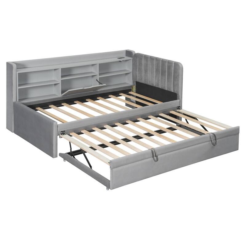 Twin Size Upholstered Daybed with Trundle, Storage Platform Bed Frame with Shelves and Charging Station