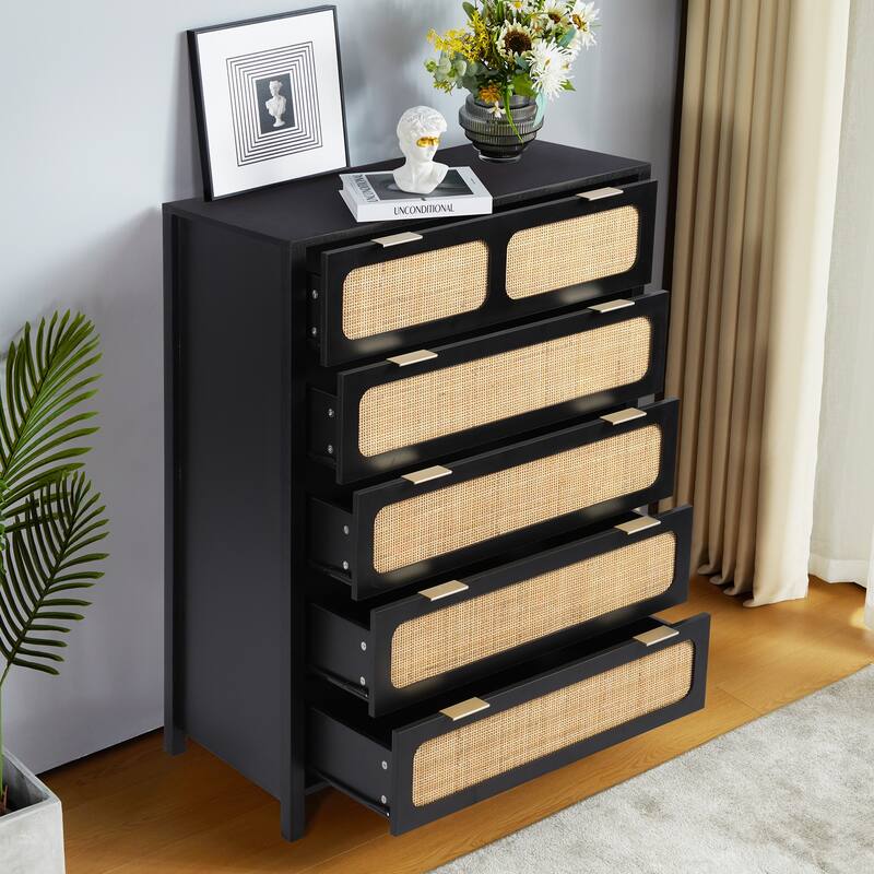 Wooden Rattan 5-Drawer Storage Cabinet Dresser