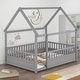 preview thumbnail 20 of 34, Twin/Full Size Floor Bed Wooden House-shaped Bed Frame with Fence Guardrails & Roof, Twin/Full Size Bed for Kids Boys Girls