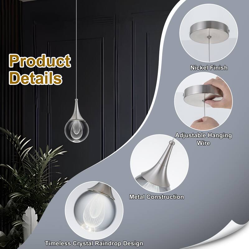 Starsky 1-Light LED 4500K Teardrop Crystal Small Pendant