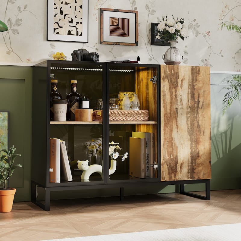 Sideboard Bookshelves Cabinet with LED Light,Glass Doors 47.2” Storage Display Cabinet - 47.2"W