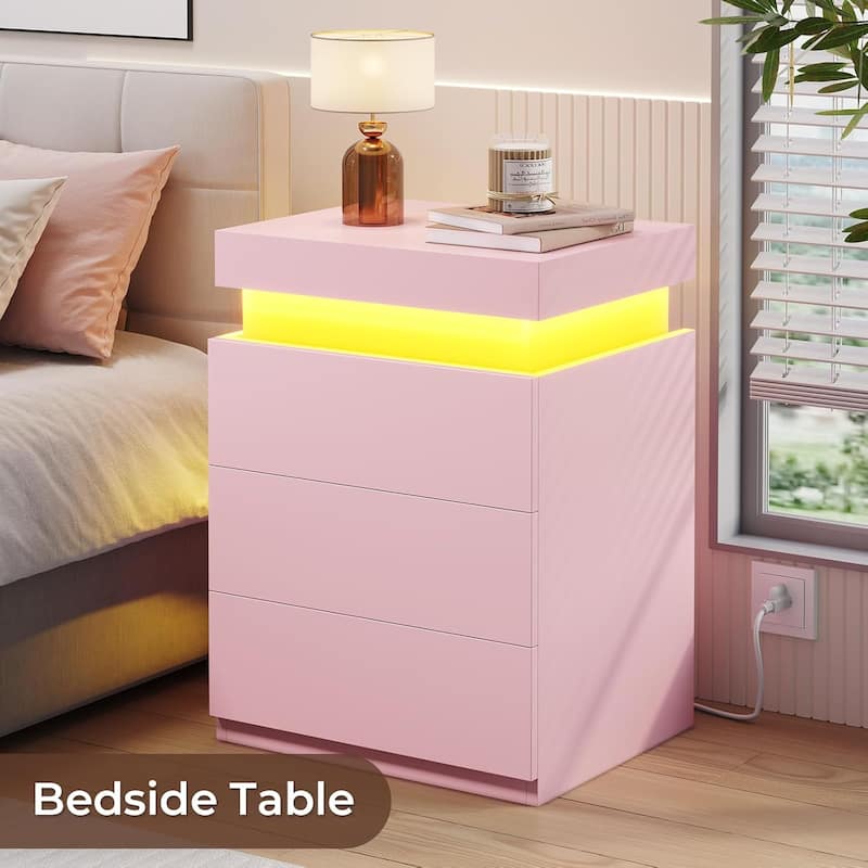 Bedroom Nightstand Charging Station LED Lights Sliding Top 3 Drawers - Pink