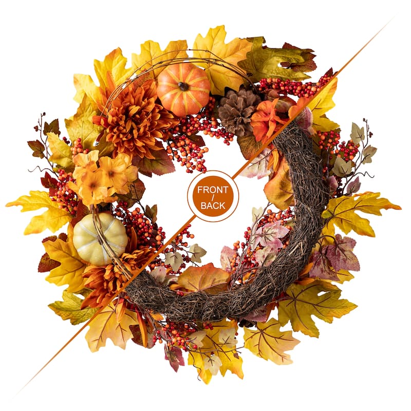 Glitzhome 27"H Fall Dahlia Pumpkin Leaf & Berry Swag Wreath with Hanger
