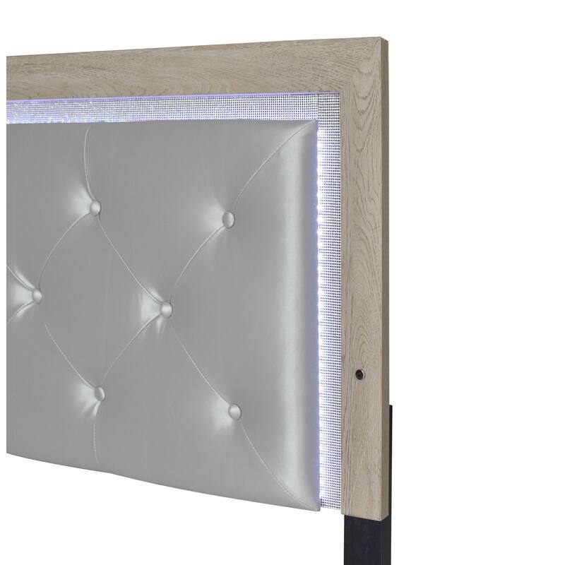 Modern Queen Panel Bed with LED Headboard, Beige Faux Leather Upholstery & Wooden Frame