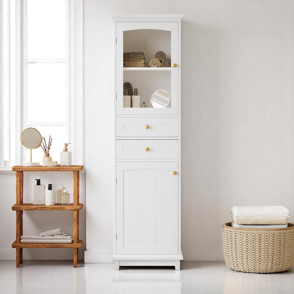 Freestanding Bathroom Storage Cabinet 63" High with Glass Doors, Adjustable MDF Shelves and 2 Drawers