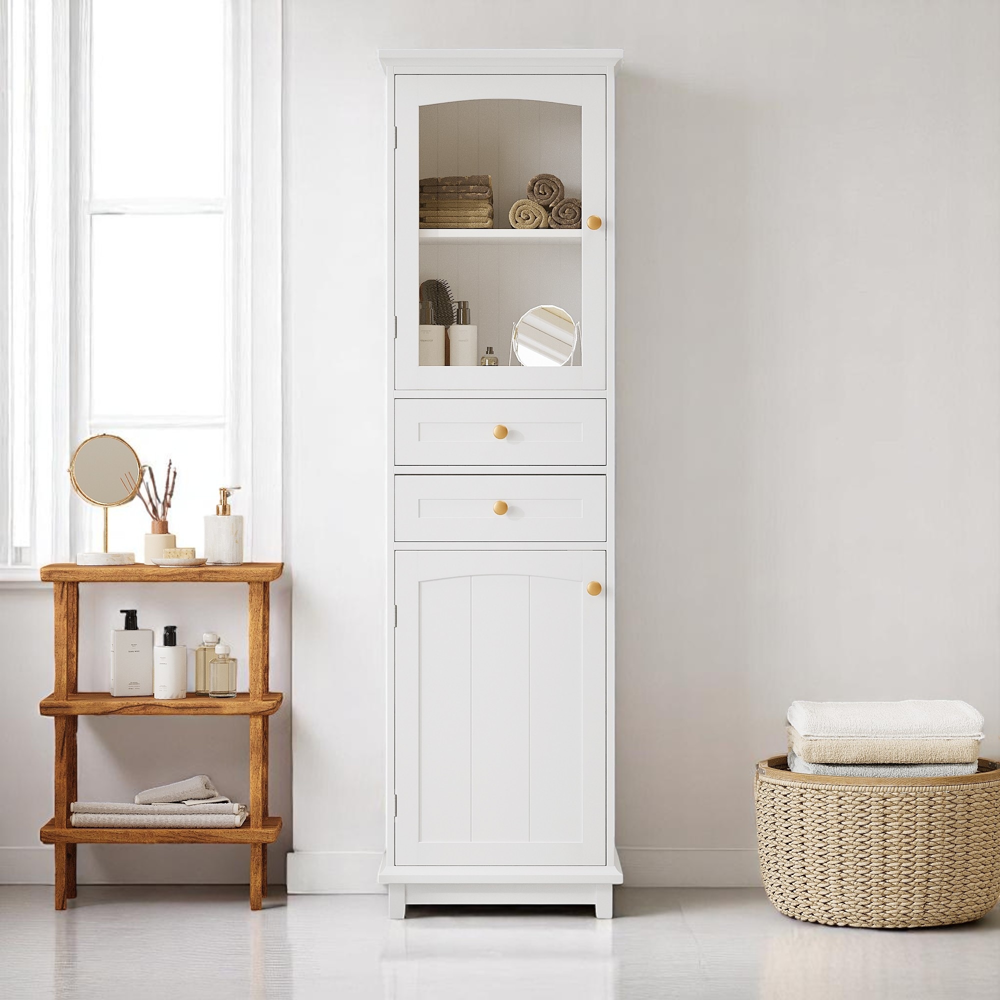 Freestanding Bathroom Storage Cabinet 63" High with Glass Doors, Adjustable MDF Shelves and 2 Drawers