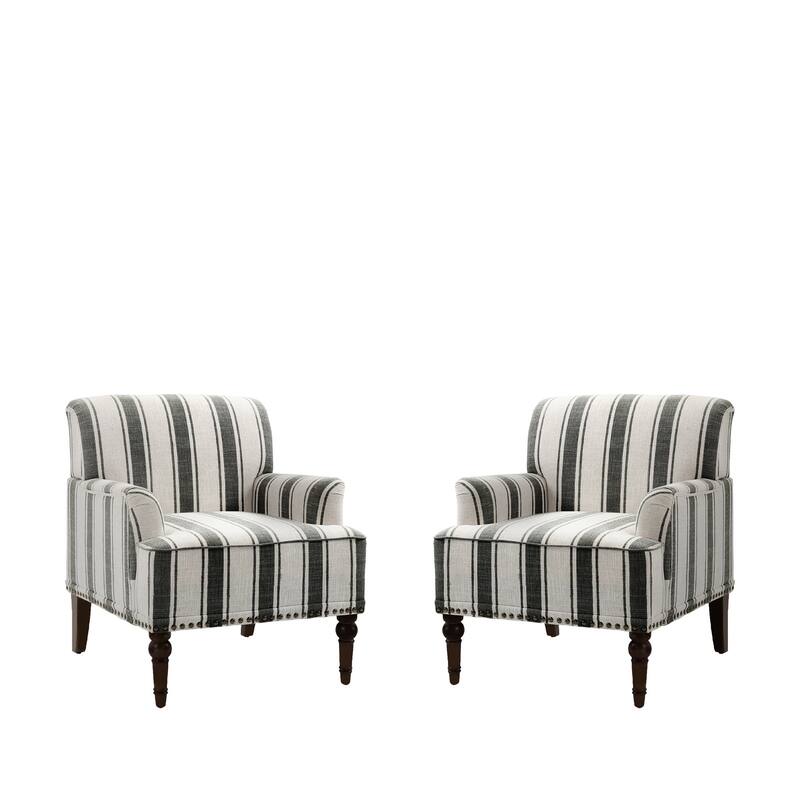 Set 2 Striped Upholstered Linen Armchair with Brass Nailhead Trim