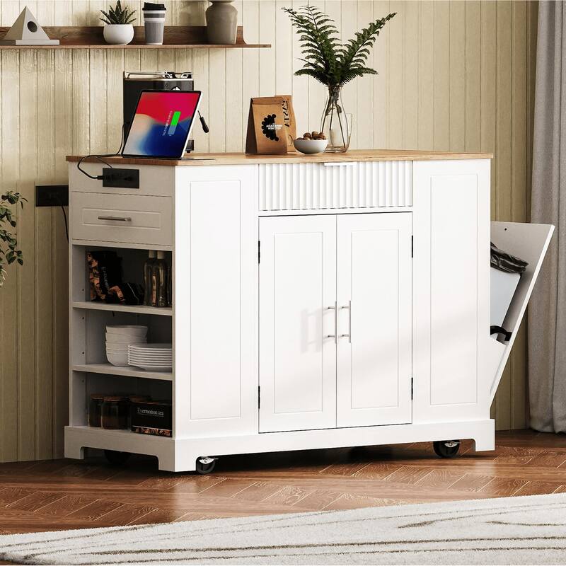 Mobile Kitchen Island with Trash Can Storage, Power Outlet, 3 Drawers, Open Shelves, 5 Wheels, Fluted Design