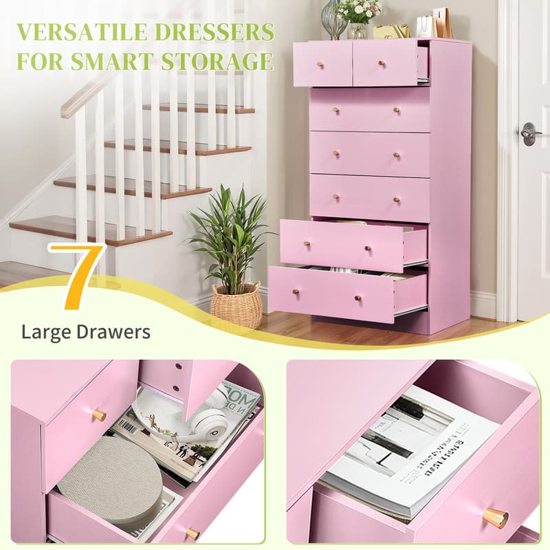 Large 7-Drawer Dresser For Bedroom And Chest Of Drawers With Sturdy Construction Wood Storage Organizer For Closet