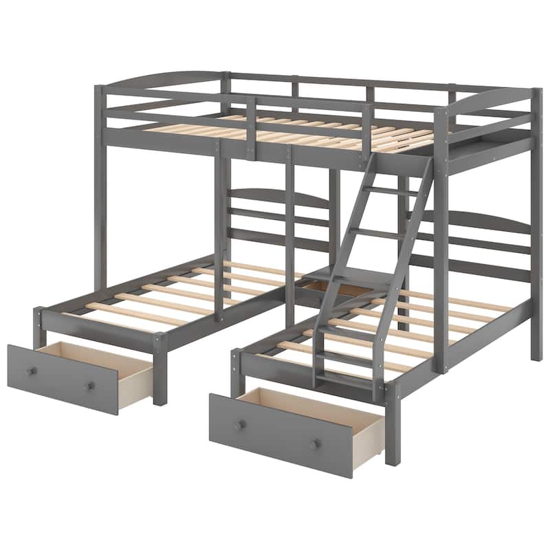 Roomfitters Full over Twin and Twin Bunk Bed with Storage Compartments, Triple Loft Design, Gray