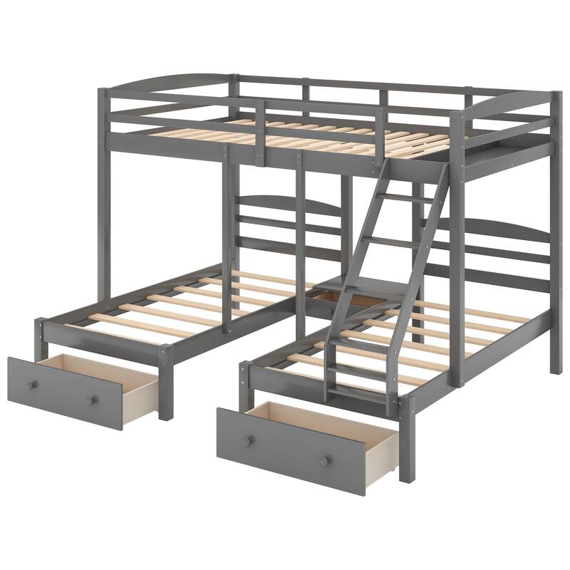 Space-Saving Triple Bunk Bed with Drawers, Full Over Twin & Twin, Gray