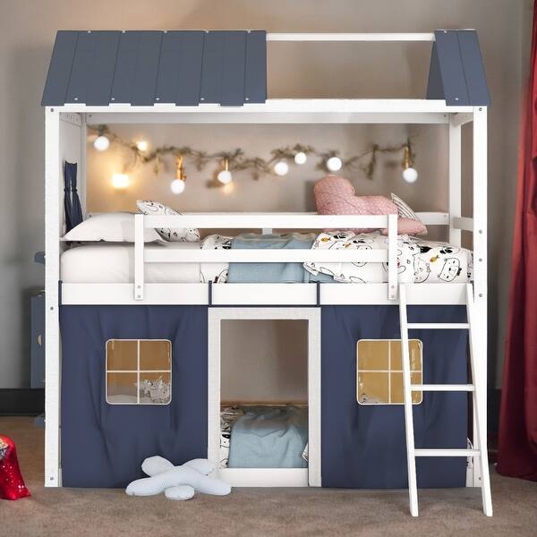 slide 2 of 34, Twin Size Bunk Wood House Bed with Elegant Windows