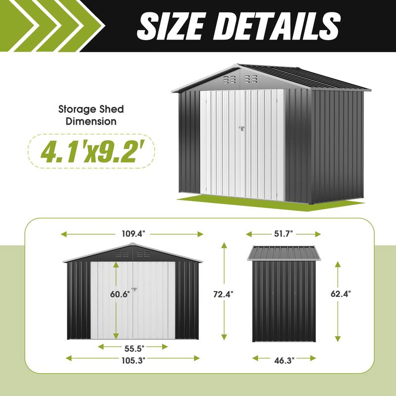 4.1 x 9.2 Ft. Outdoor Storage Shed, Garden Backyard Tool Shed with Lockable Doors, Vents, All-Weather Metal House