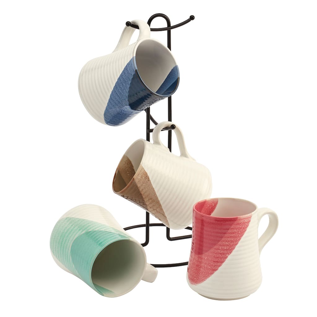 Tabletops Gallery Avenue Mug Collection 5 Piece Color Dipped Embossed 14Oz Mug and Metal Rack Set (Red, Blue, Mocha, and Mint)