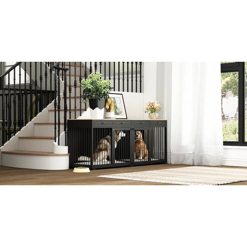 Wooden Dog Crate Kennel with 4 Drawers,Divides for 2 Large Dogs Indoor