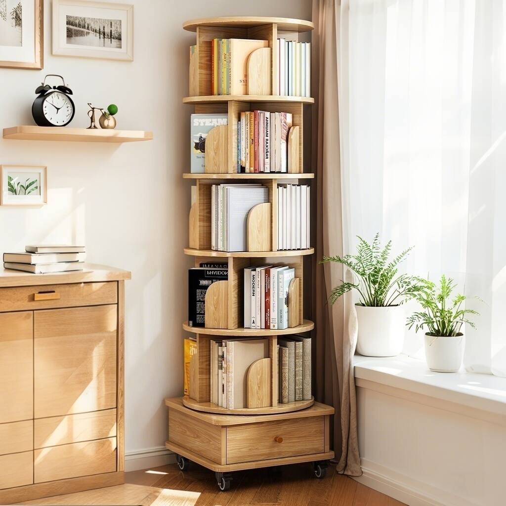 6-Tier Rotating Bookshelf w/Wheels & Drawer, 360Β° Display for Bedroom, Living Room, or Office