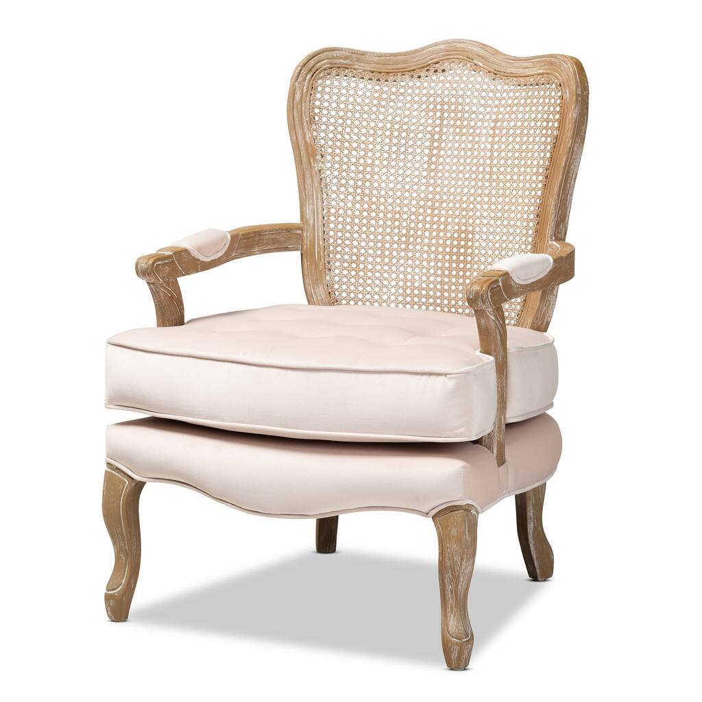Vallea Traditional French Provincial Light Beige Velvet Fabric Upholstered White-Washed Oak Wood Armchair