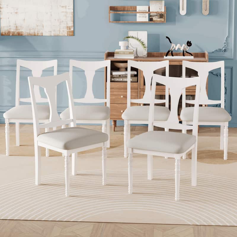 Upholstered Dining Chairs Set Of 6,Farmhouse Armless Kitchen Chairs With Solid Wood Legs - Beige+White