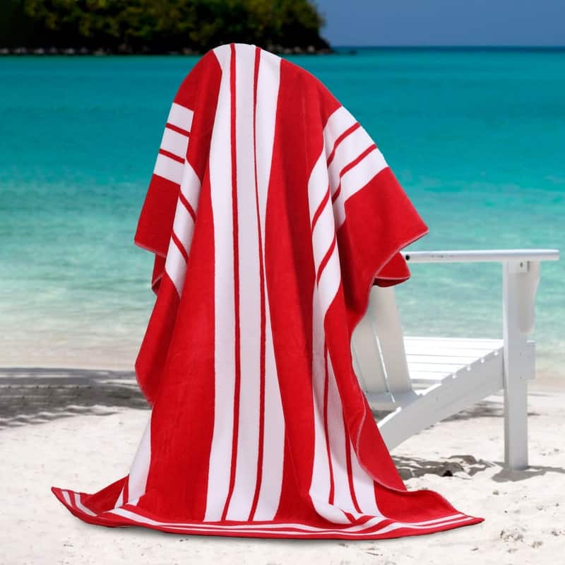 Superior Striped Large Oversized Cotton Beach Towel - Red