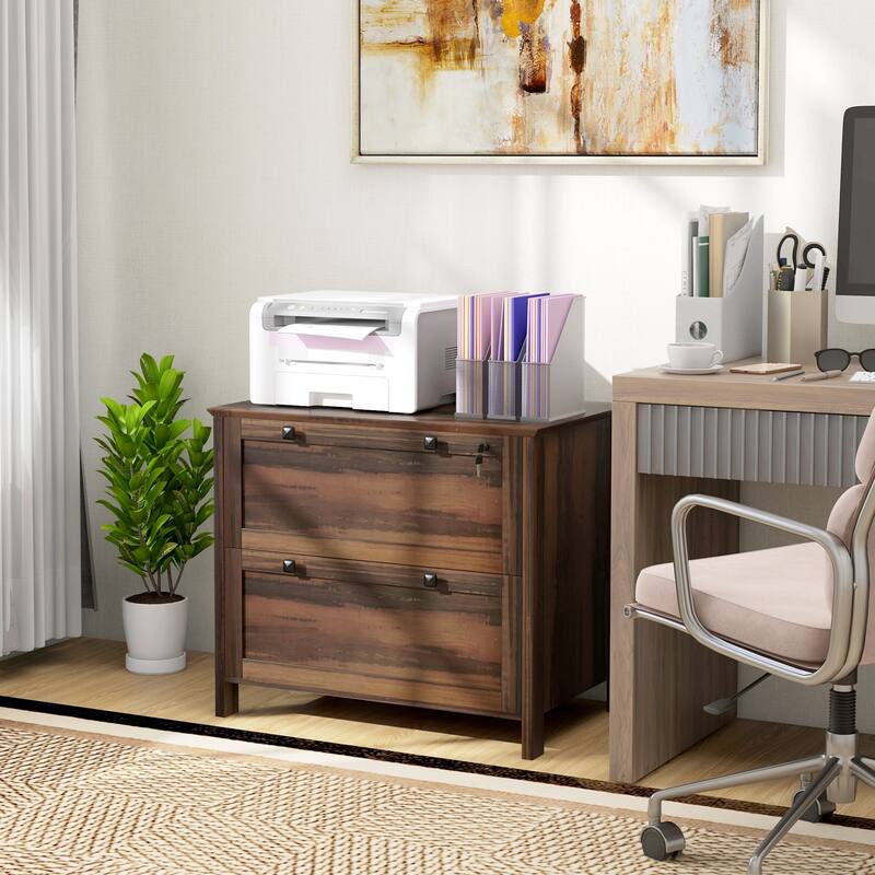 Anmytek 2-Drawer Lateral File Cabinet with Lock and Hanging Rails Dark Walnut Rustic Office Credenza
