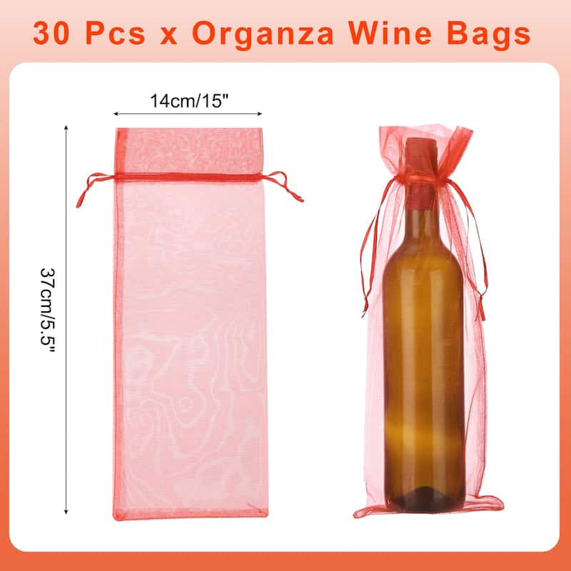 30pcs Organza Wine Bags, 15x5.5" Wine Gift Pouches with Drawstrings - Red