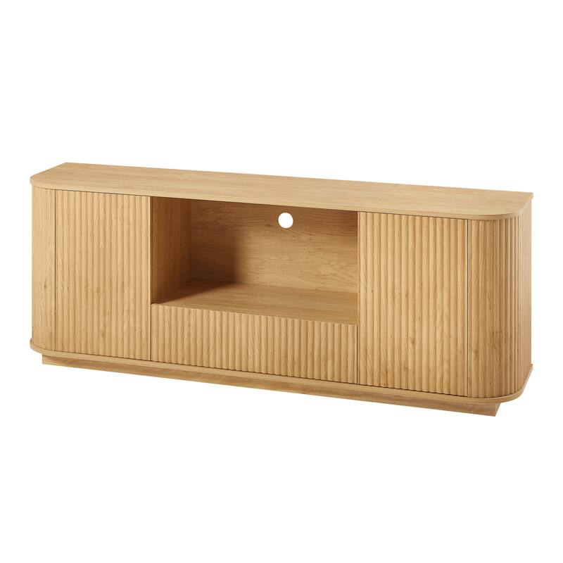 Mid-Century Modern Sideboard Storage Cabinet TV Stand with Drawer & Shelves, 64-Inch Wooden Wavy TV Cabinet with Open Storage
