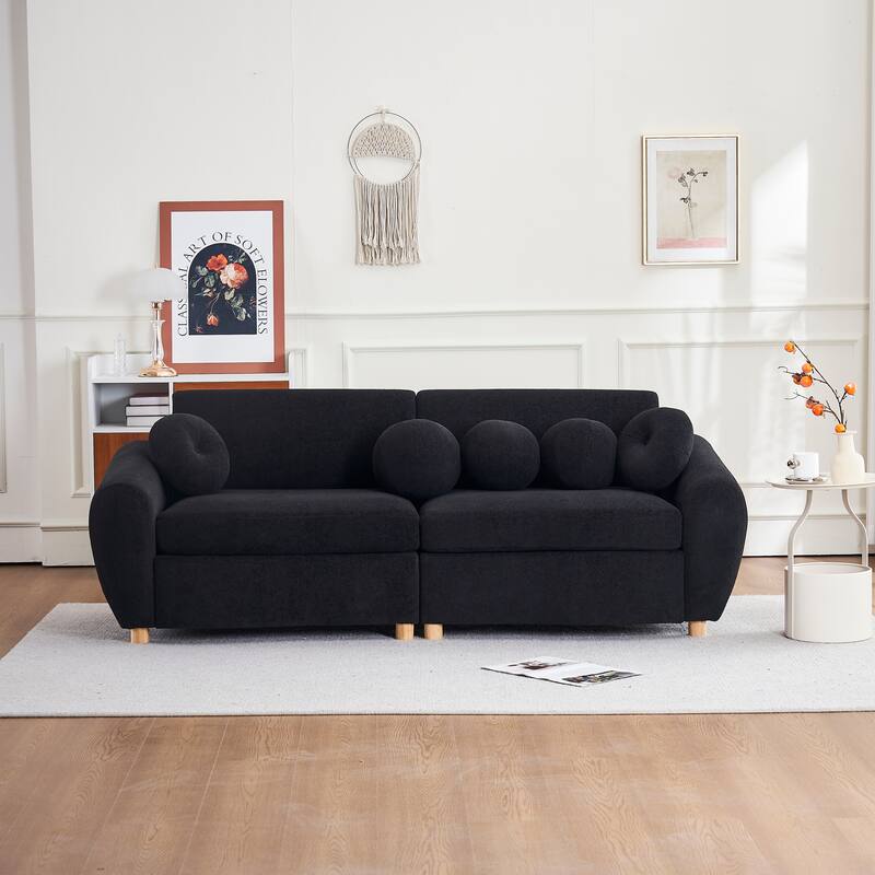 Modern Tufted Chenille Loveseat, Futon Sectional Love Seat Couch, Upholstered Sofa with 2 Pillows & 3 Lumbar Pillows - Black