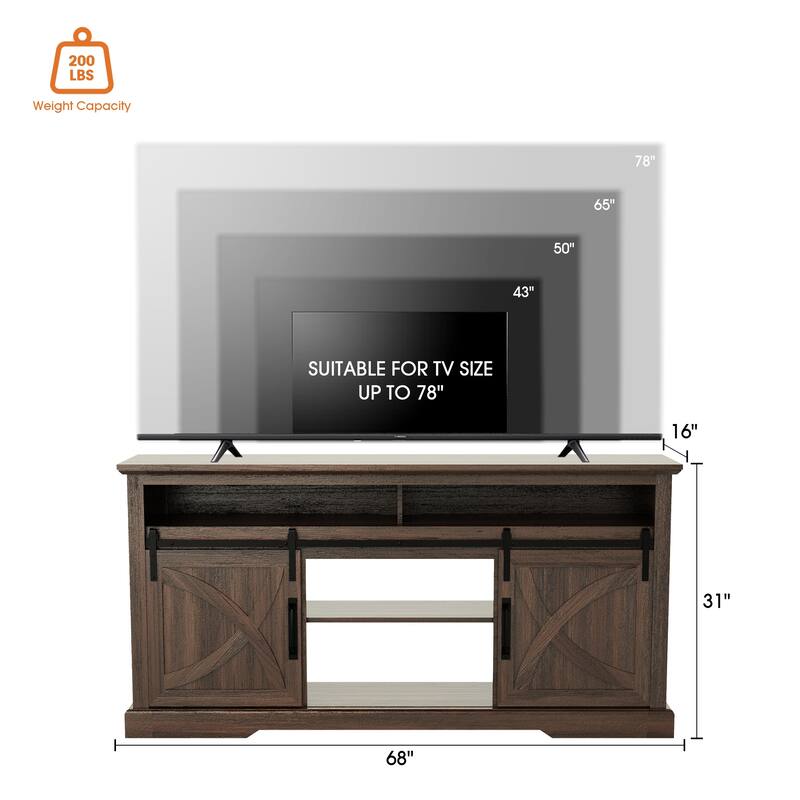 68" Walnut Sliding Barn Door TV Stand Console with Storage Open Compartment
