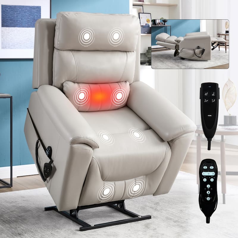 Dual Motor Power Lift Recliner Chair, Electric Recliners with Massage & Heating, Sofa Chair with Cup Holders & Side Pockets - Grey